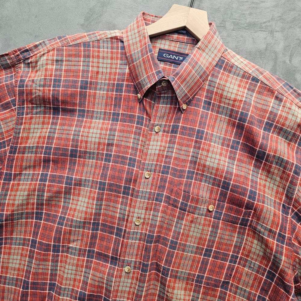 GANT Mens XL Classic Linen Cotton Plaid Short Sleeve Button Down Shirt Red